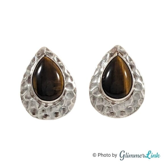 Vintage Shube 925 Sterling Silver Tiger's Eye Hammered Teardrop Stud Earrings - Picture 1 of 12